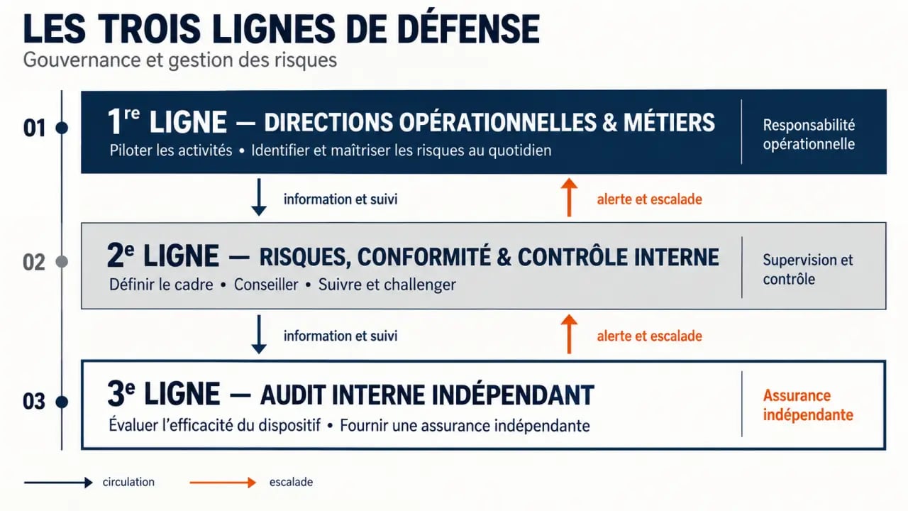 Schéma des trois lignes de défense pour un cabinet de conseil en gestion des risques
