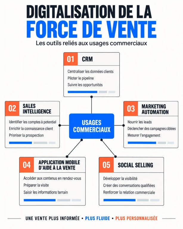 Infographie sur les outils de digitalisation force de vente : CRM, sales intelligence et application mobile