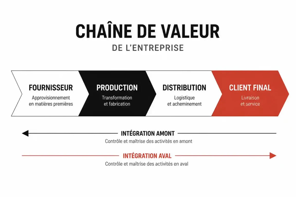 Schéma de l'intégration verticale amont et aval le long de la chaîne de valeur