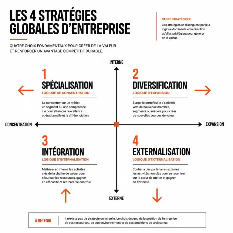 Infographie des stratégies globales : spécialisation, diversification, intégration et externalisation