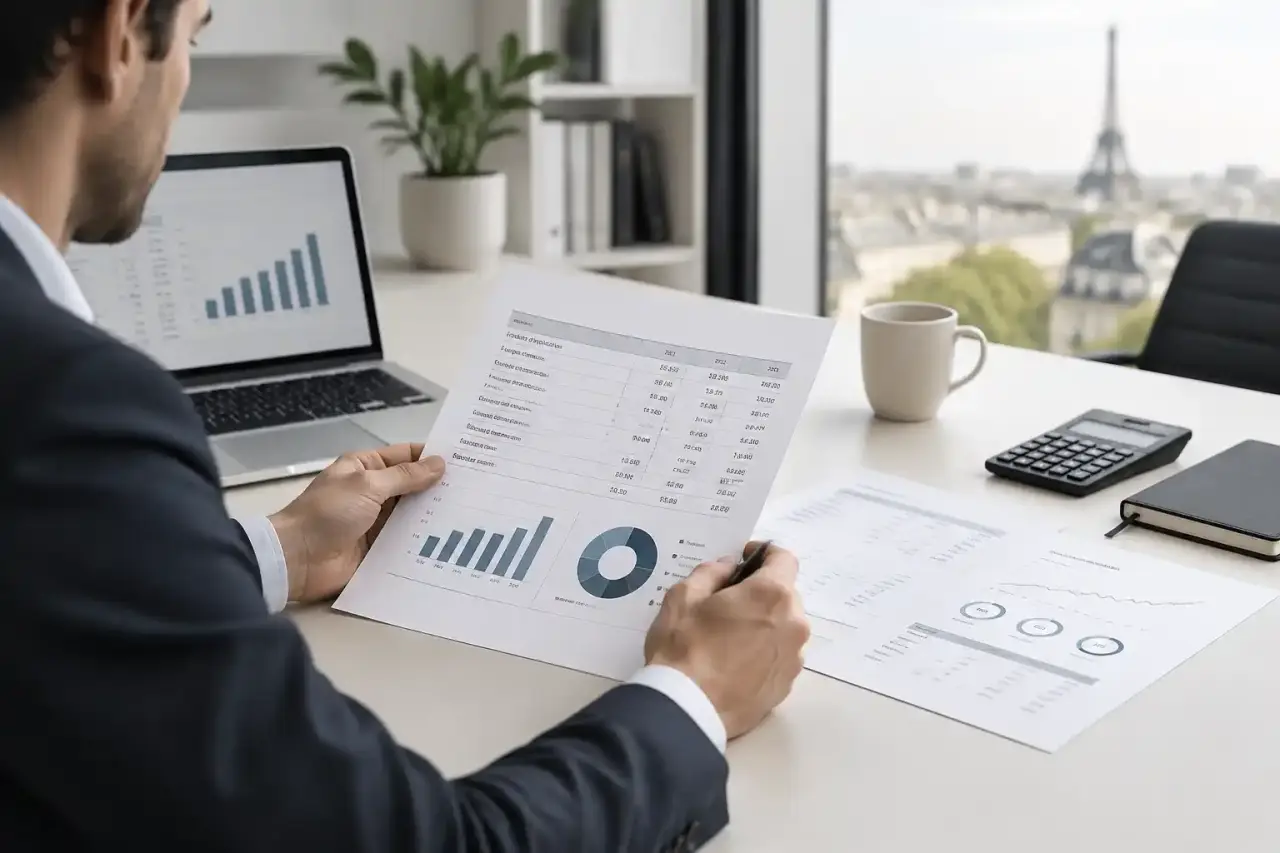 Dirigeant de PME analysant un compte de résultat sur un tableau de bord financier