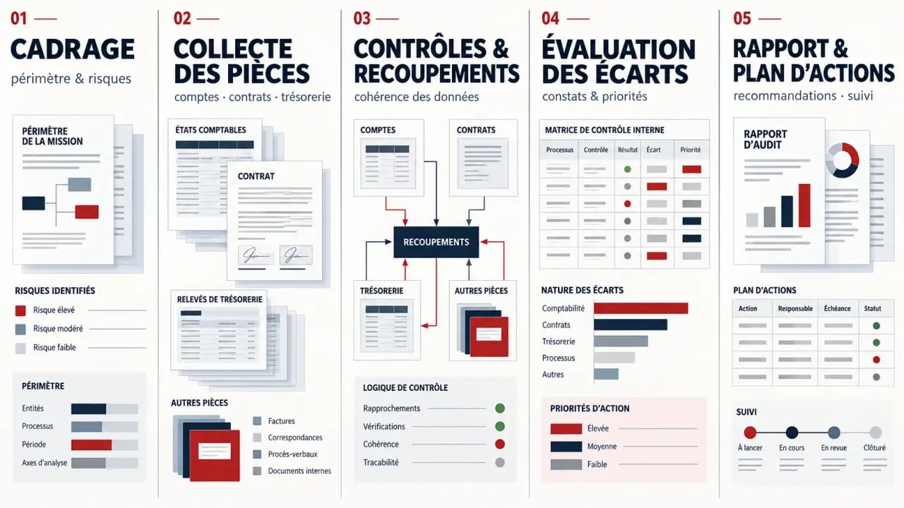 Déroulement d’un audit entreprise en cinq étapes, du cadrage au plan d’actions