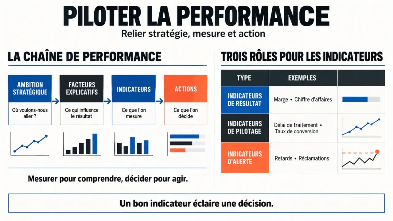 Infographie sur le pilotage de la performance et les principaux types d’indicateurs