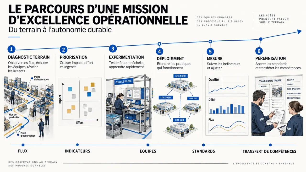 Parcours d’une mission de cabinet de conseil en excellence opérationnelle, du diagnostic à la pérennisation