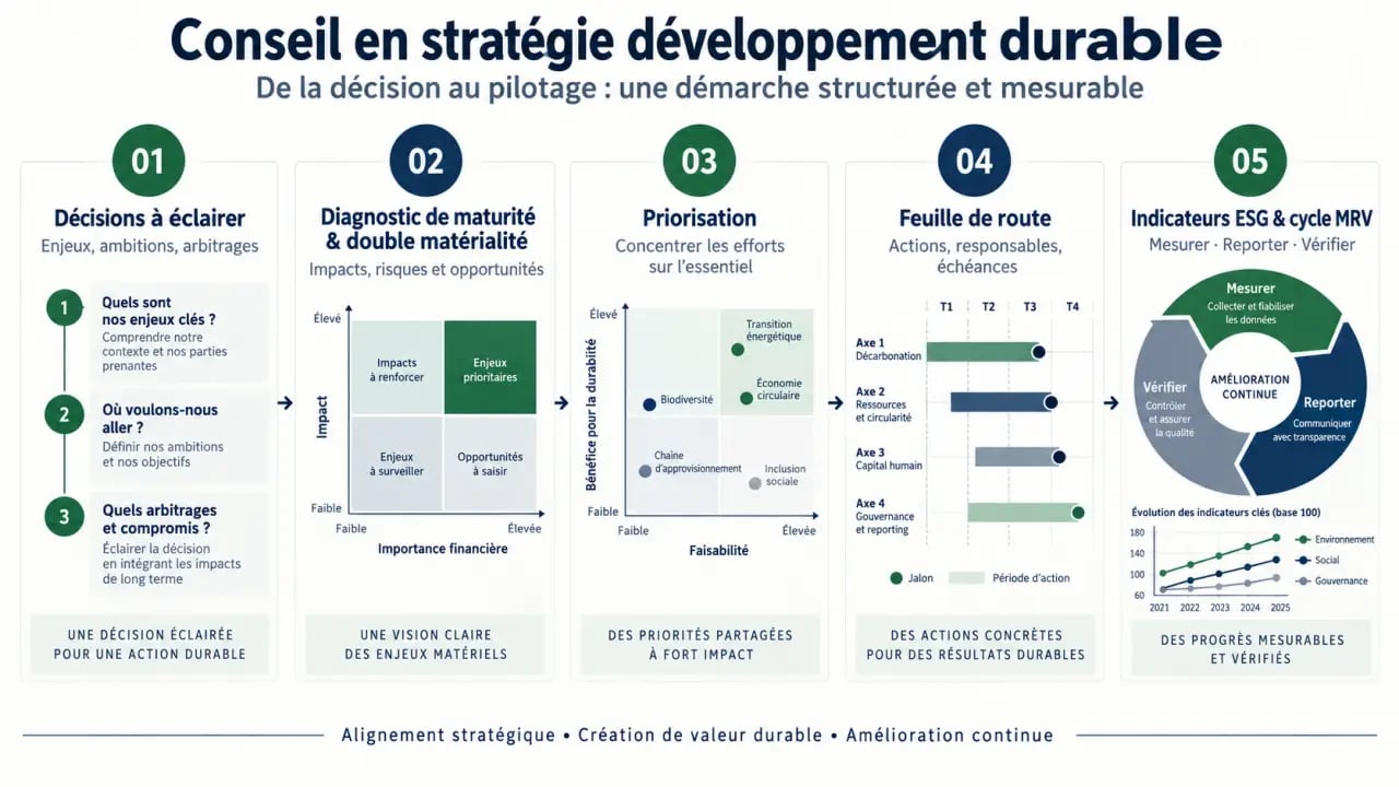 Processus d’un conseil en stratégie développement durable, du diagnostic au pilotage ESG