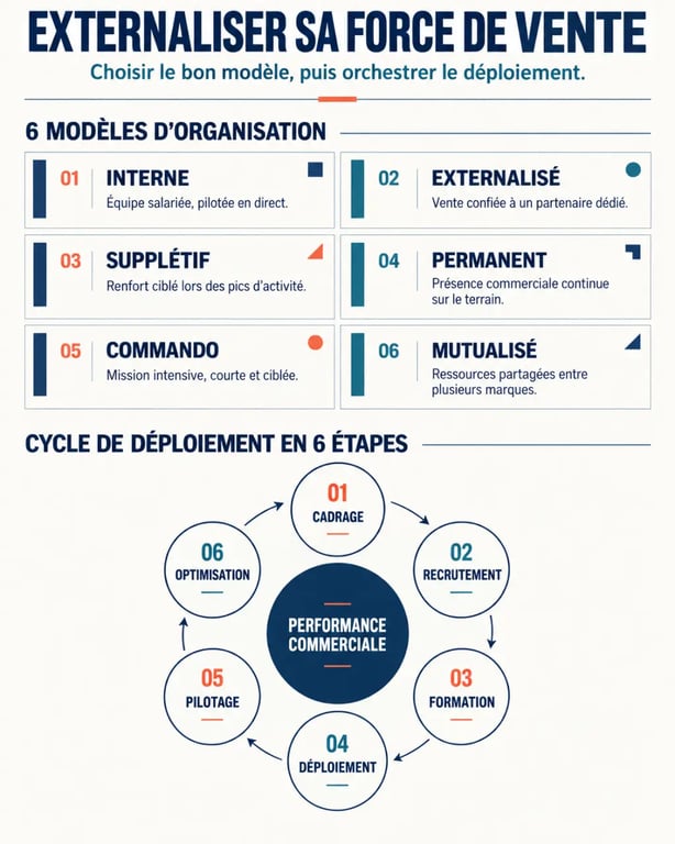 Infographie sur l’externalisation de la force de vente et ses différents modèles de déploiement
