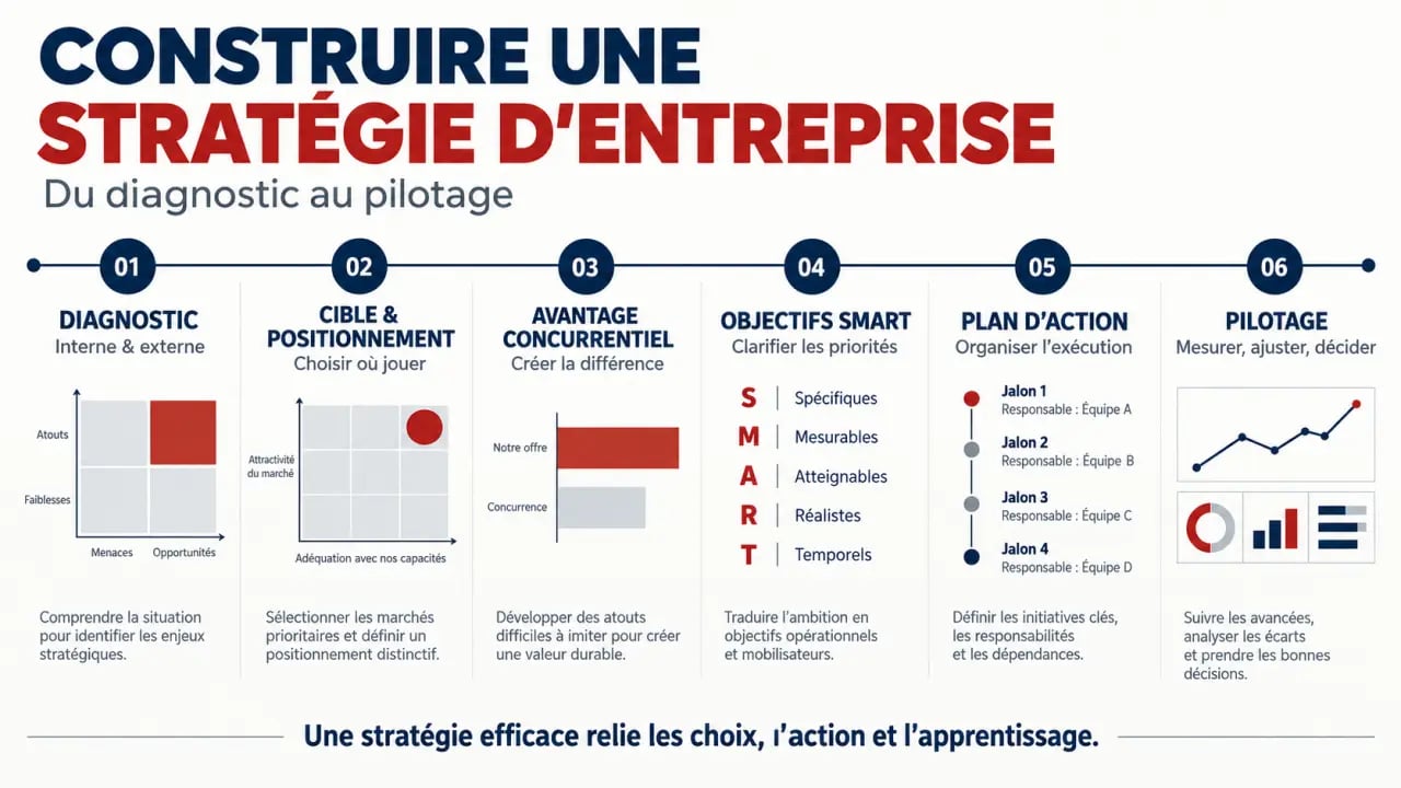 Schéma de construction d’une stratégie d’entreprise du diagnostic au pilotage